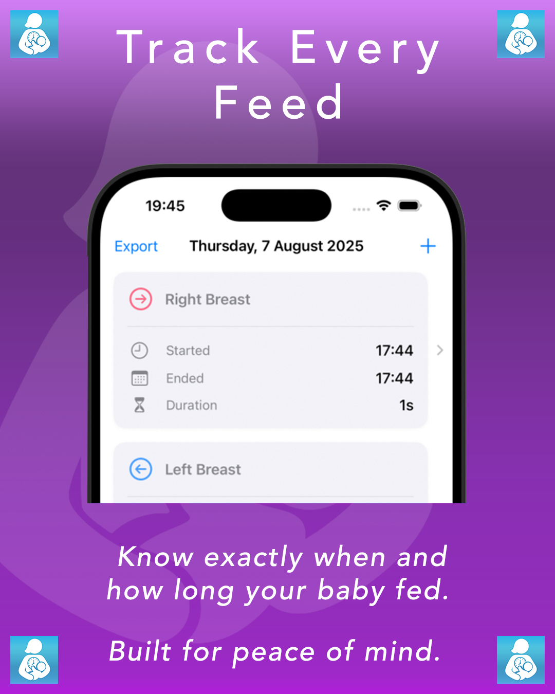 iOS Breast Feeding Timer App showing log of breastfeeding sessions with timestamps and left or right breast used